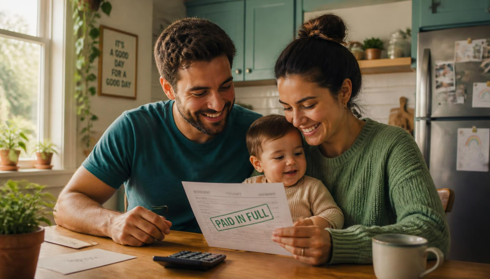 A smiling family at a kitchen table holding a statement stamped Paid In Full — www.changeyourlife.money