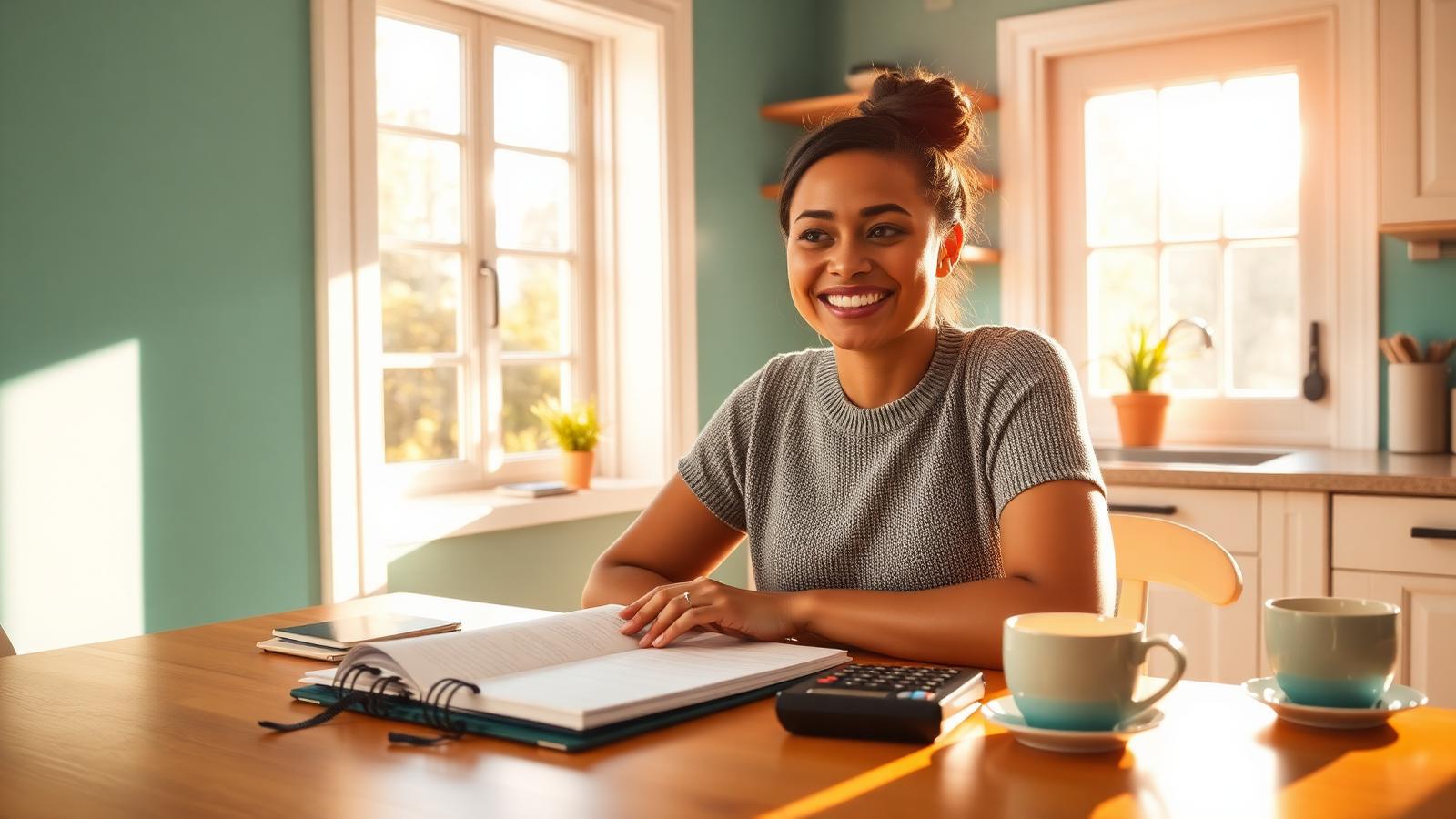 Smiling woman budgeting at a sunlit kitchen table, turning prayerful intention into a written plan — www.changeyourlife.money