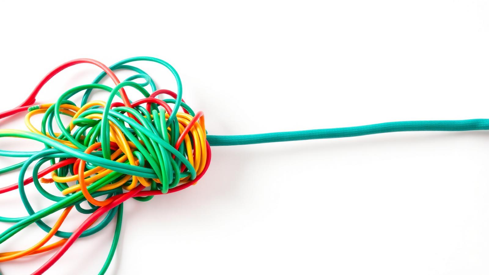 Tangled colourful cables merging into a single teal cord, representing several debts becoming one — www.changeyourlife.money