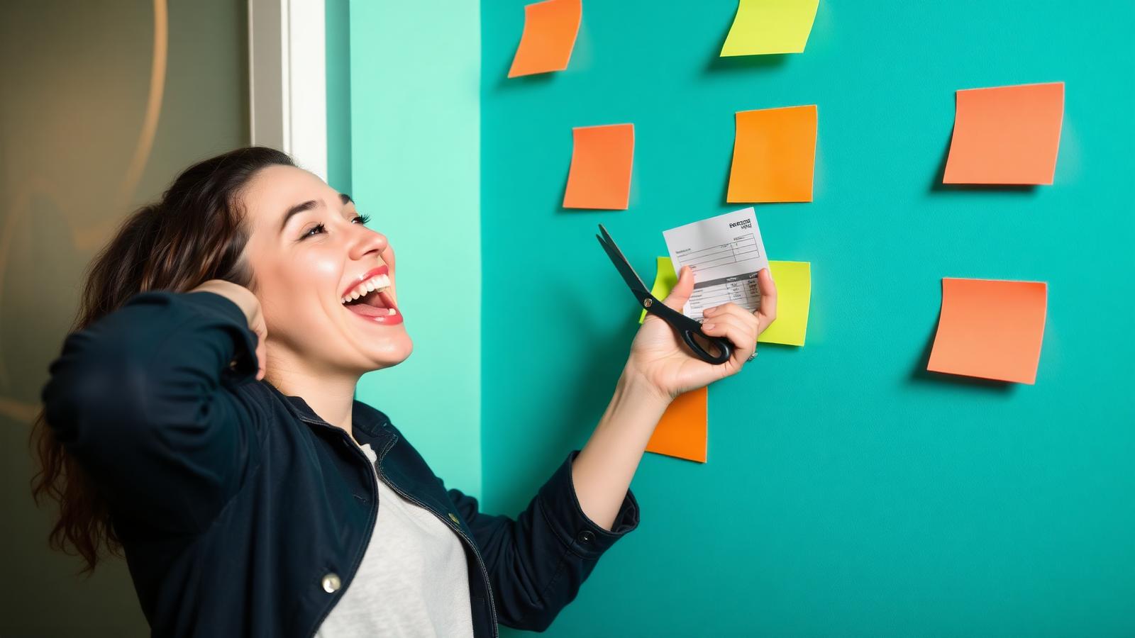 Woman cheering while cutting up a bill in front of a teal wall covered in sticky notes — www.changeyourlife.money