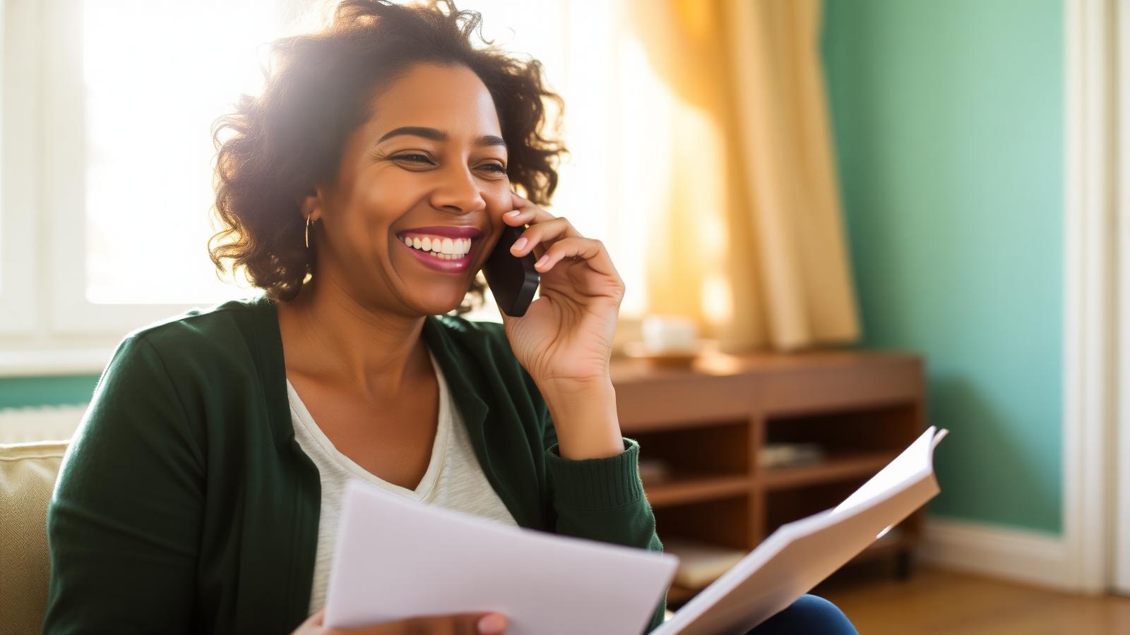 A woman smiling with visible relief while on the phone holding paperwork, after speaking to a free debt helpline — www.changeyourlife.money