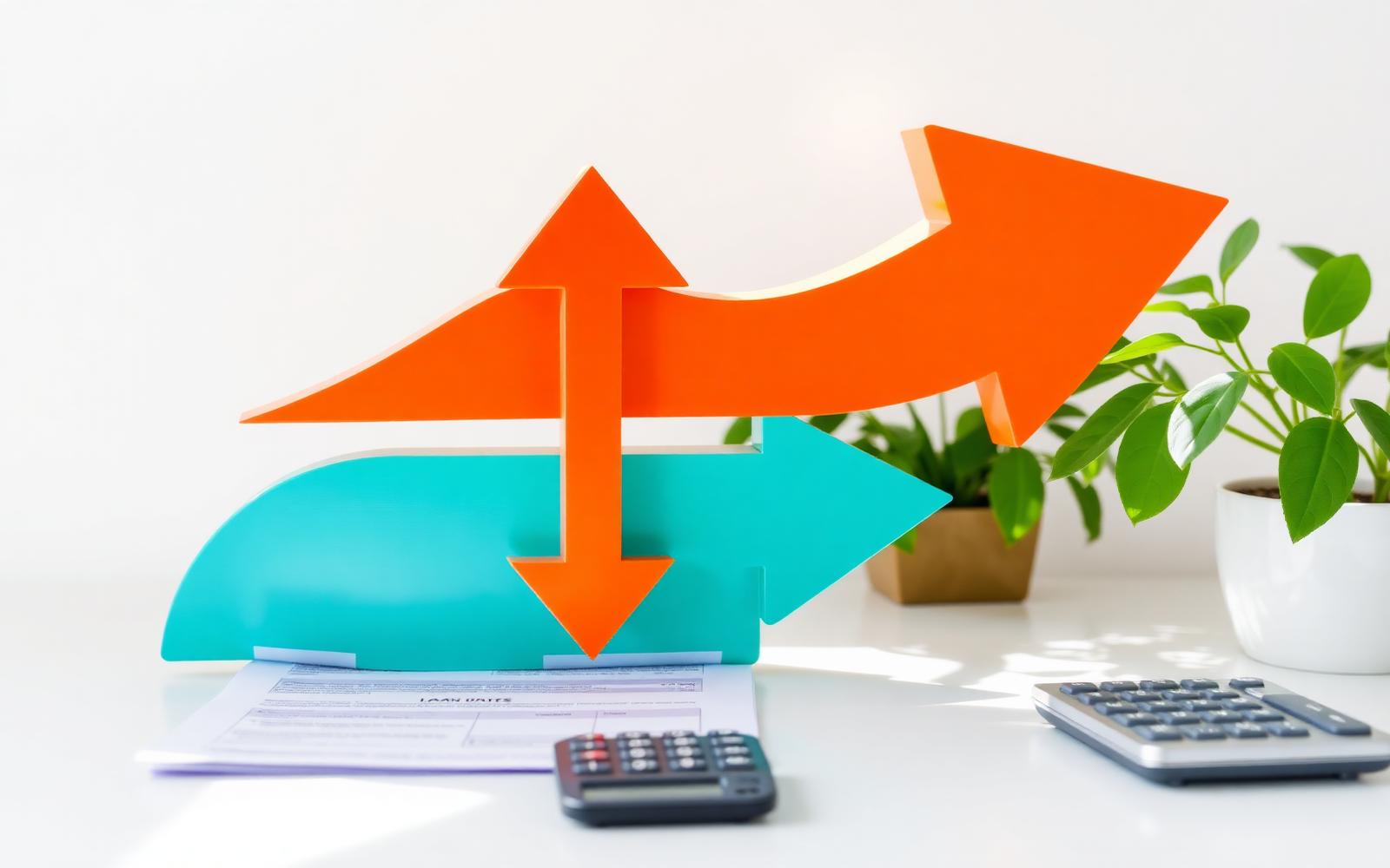 A bright orange arrow curving down into a calm teal arrow above a loan document and calculator, showing a high rate swapped for a low one — www.changeyourlife.money