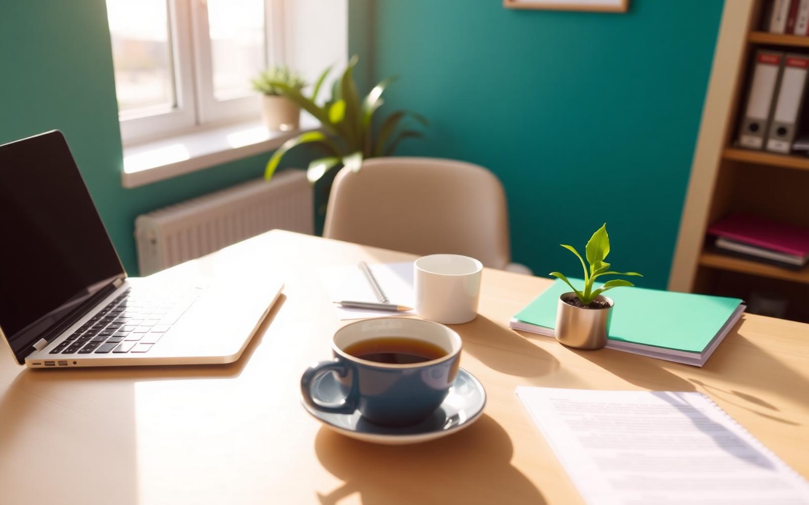 A welcoming debt counsellor's desk with a laptop, notepad, tea and a small green plant in warm daylight — www.changeyourlife.money