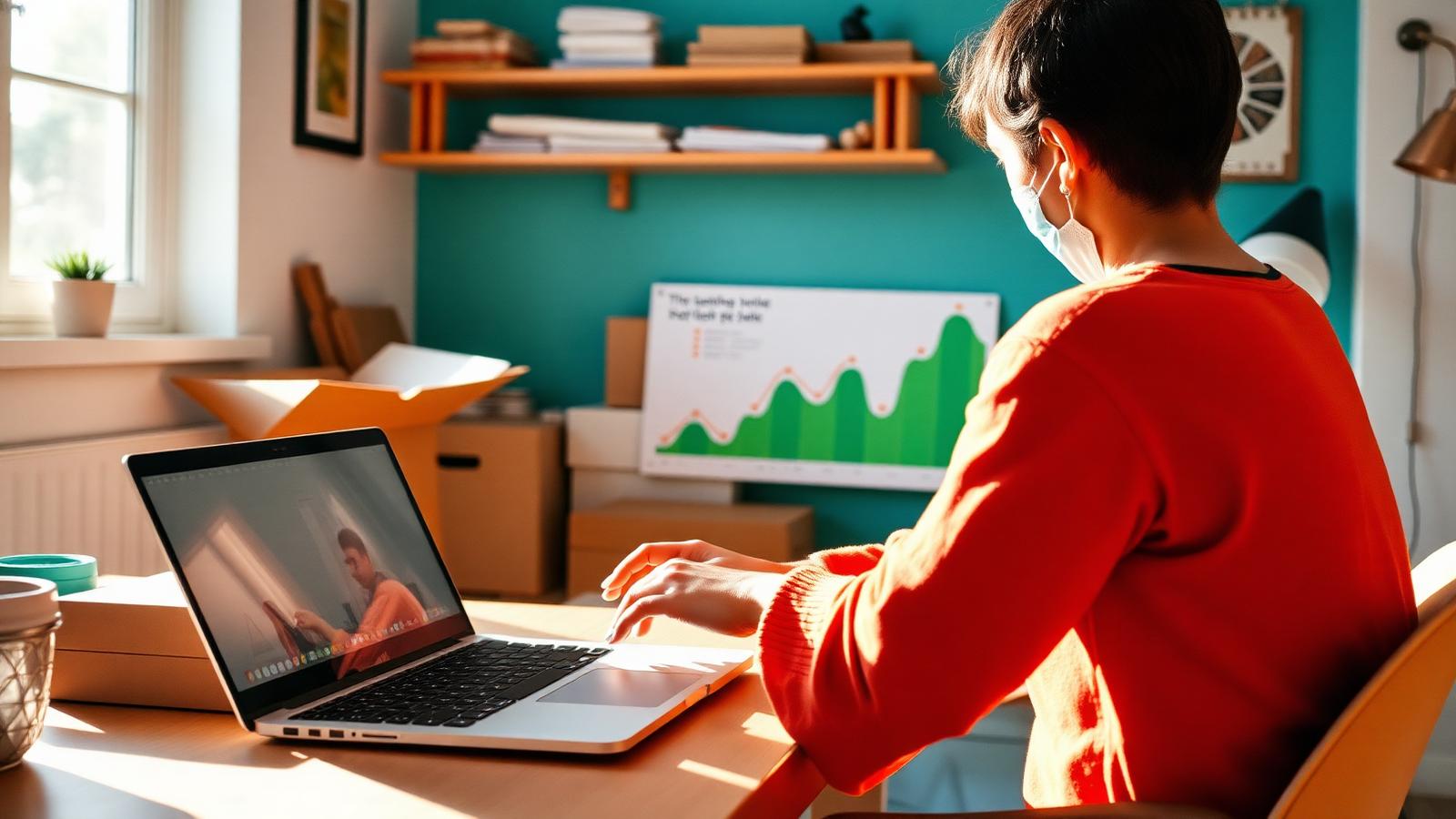 Person packing side-hustle orders with a rising green income chart in the background — www.changeyourlife.money