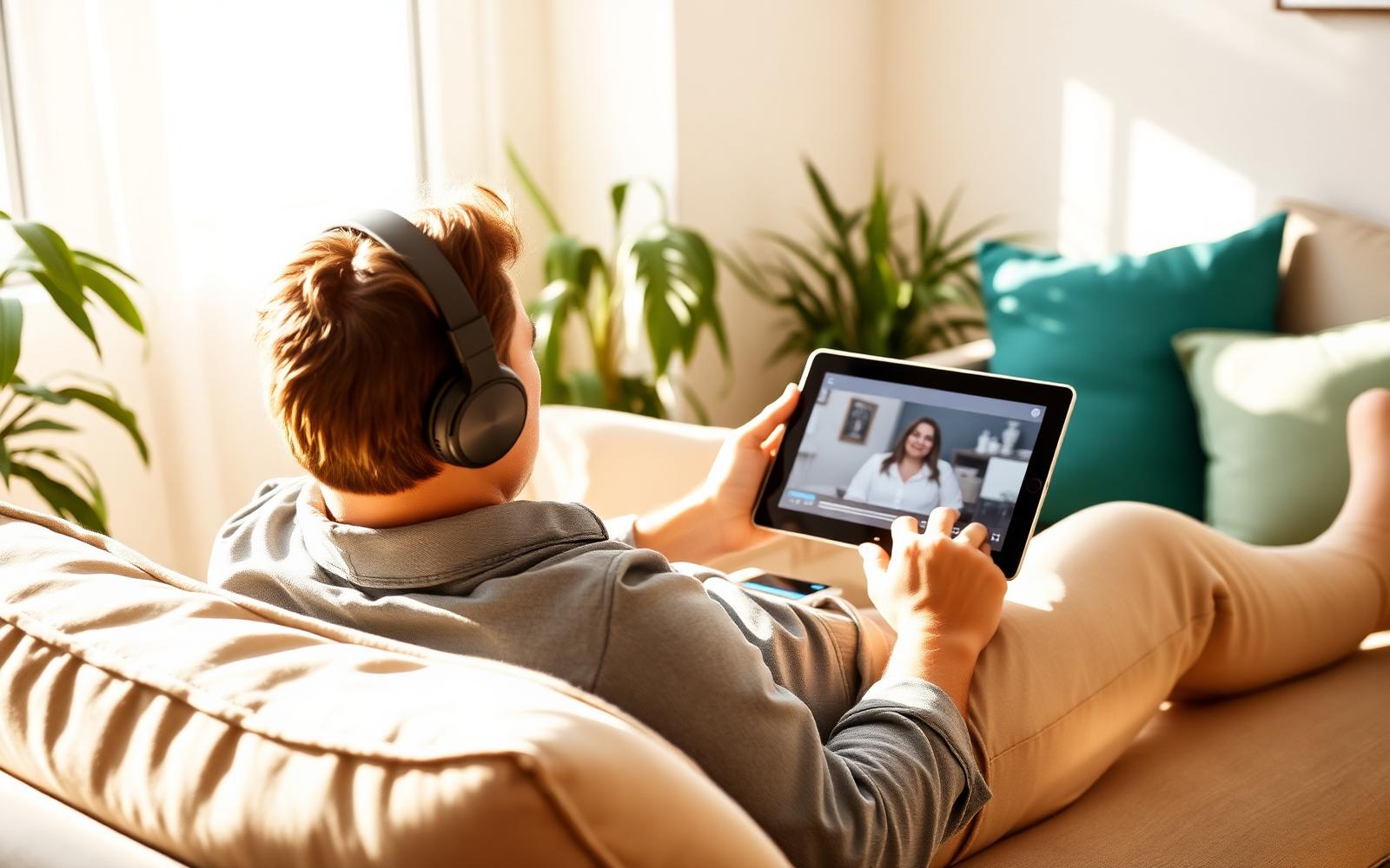 A person relaxing with headphones while a hopeful money video plays on a laptop in warm evening light — www.changeyourlife.money
