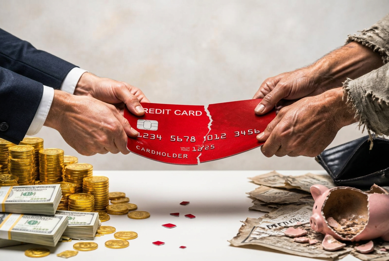 Tug of war between a person and a giant credit card, symbolising the struggle against credit card debt — www.changeyourlife.money