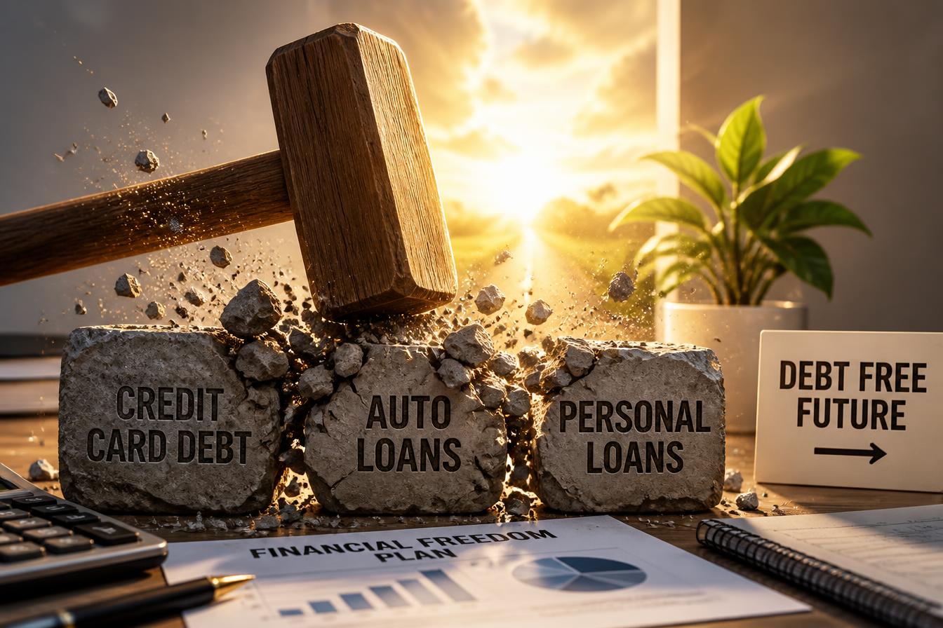 Hands cutting a credit card above torn dollar bills, illustrating debt payoff methods — www.changeyourlife.money