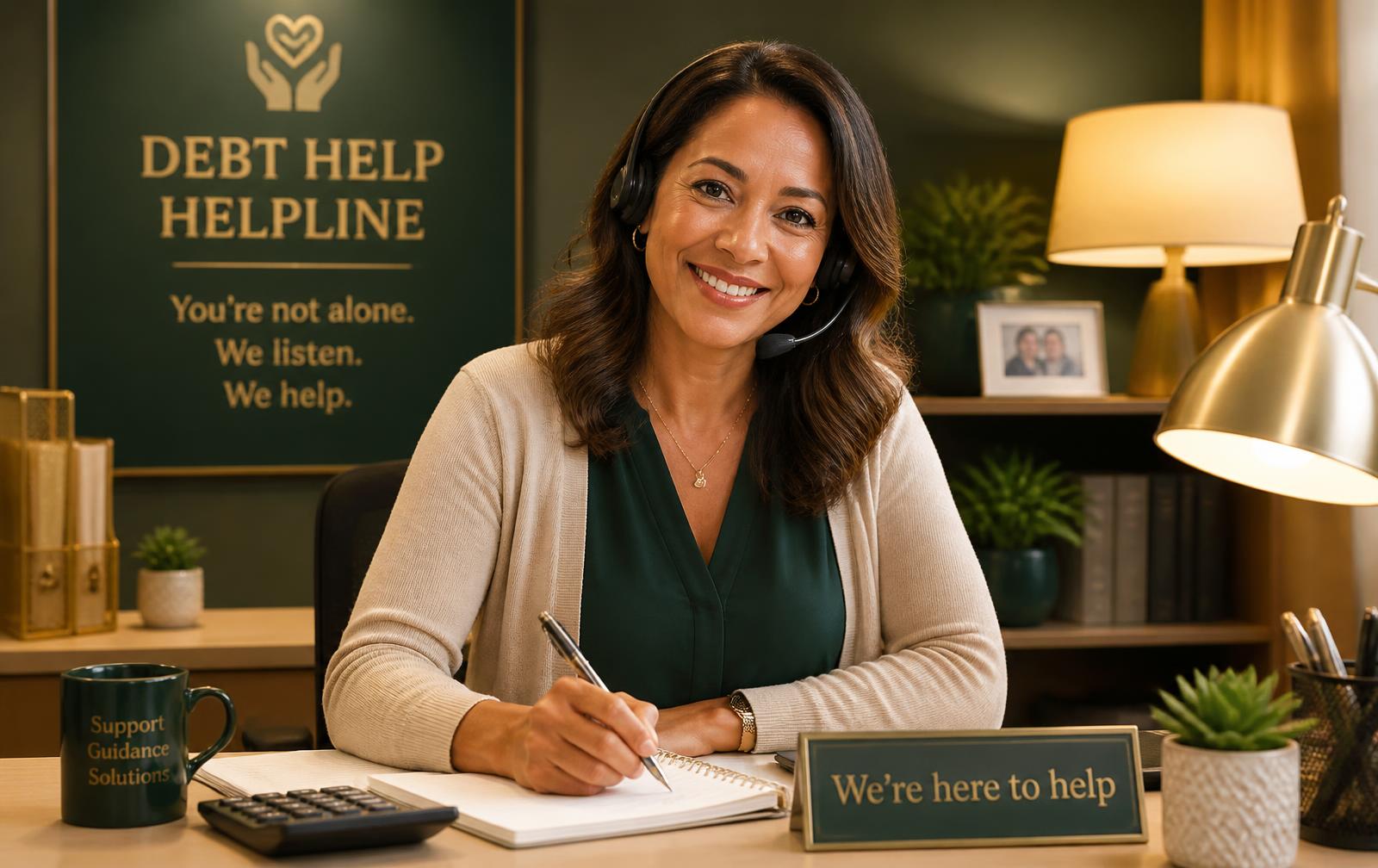 Friendly debt counsellor wearing a headset at a warmly lit desk with a notepad and calculator, ready to help callers — www.changeyourlife.money