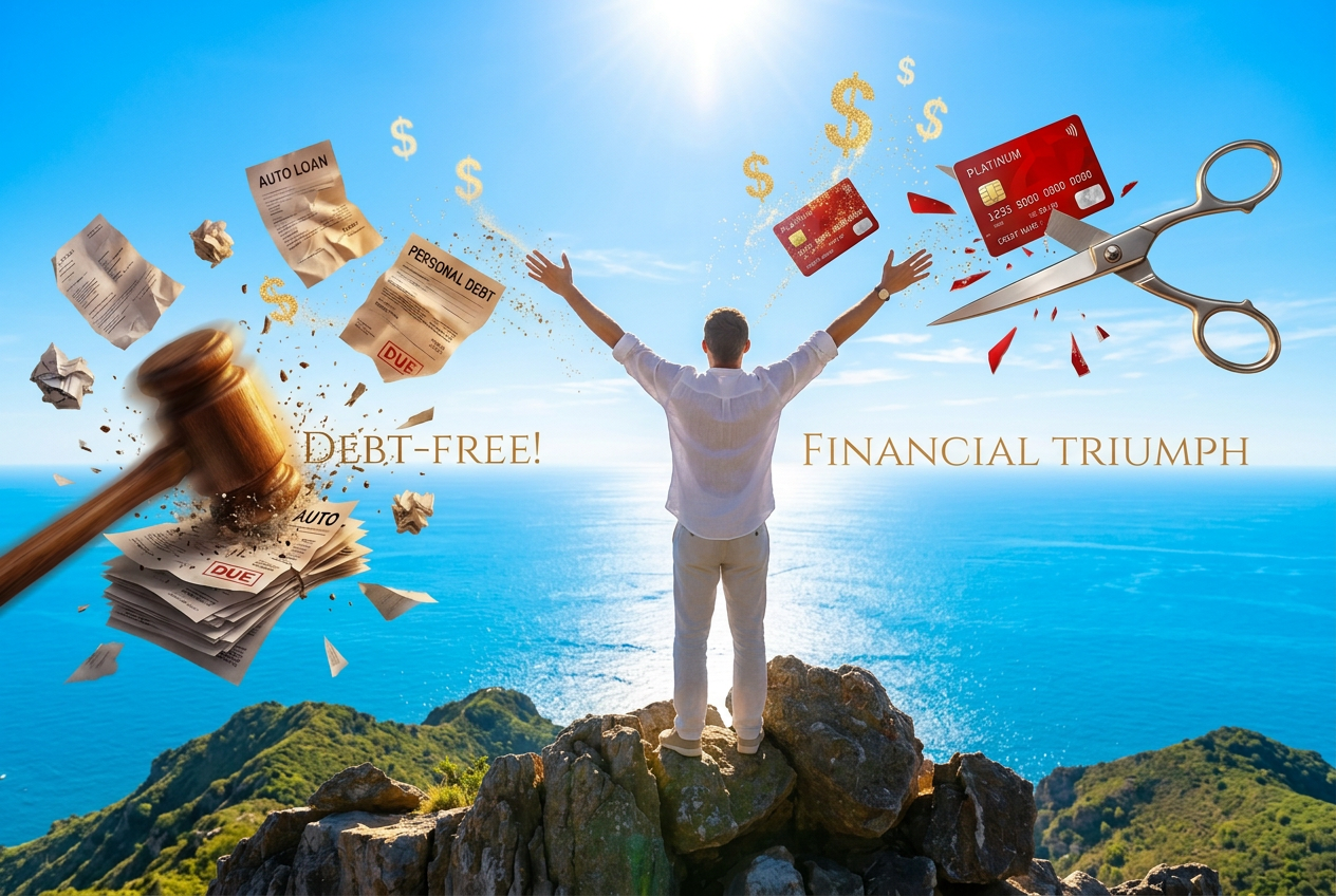 Person celebrating on a mountain summit above torn credit cards, symbolising life after clearing all debt — www.changeyourlife.money