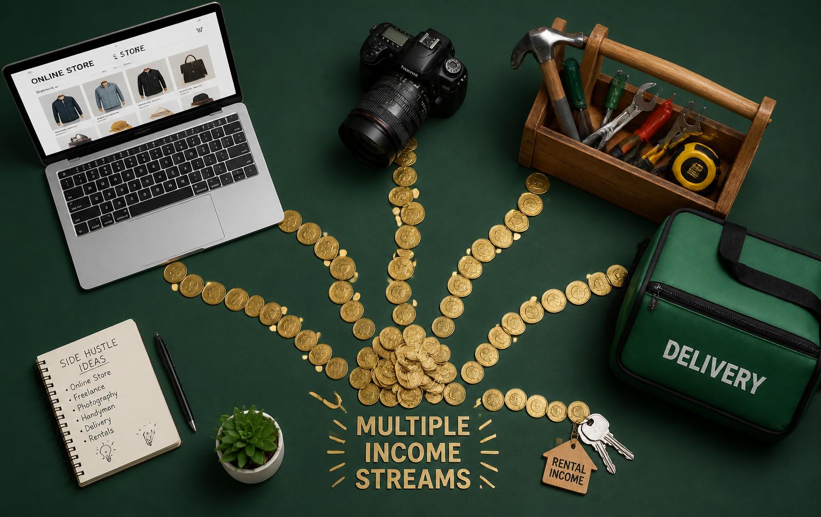 Multiple income streams flat-lay with laptop, tools, delivery bag and streams of gold coins — www.changeyourlife.money