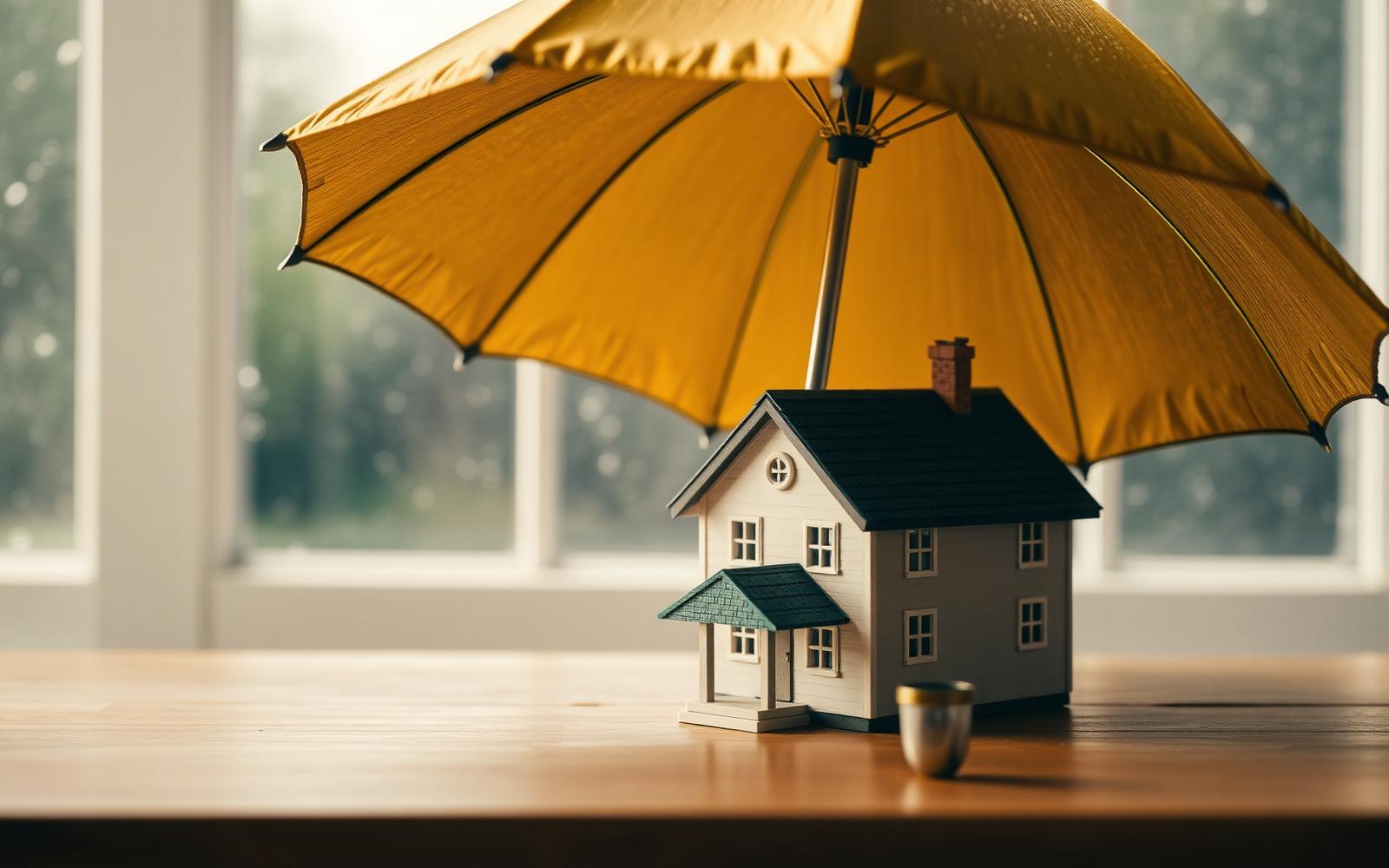 Protective umbrella shielding a family home and a jar of savings coins from a storm, symbolising an emergency fund — www.changeyourlife.money