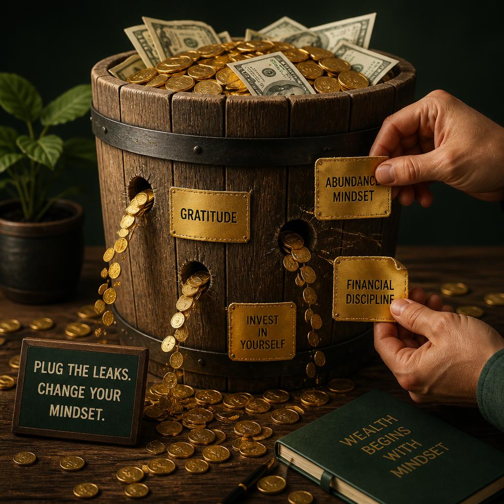 Leaky bucket losing gold coins through small holes, symbolising money quietly draining from a household budget — www.changeyourlife.money