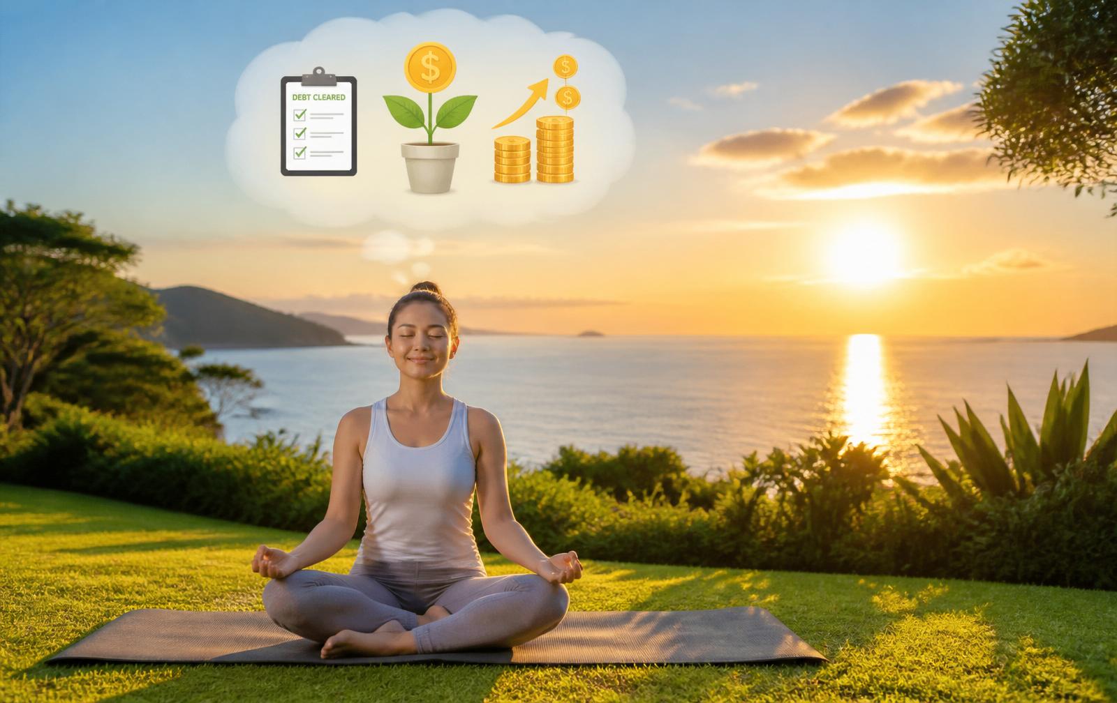 Person meditating peacefully at sunrise with soft golden light, calming financial stress — www.changeyourlife.money